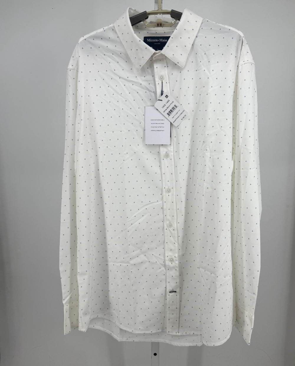 Mizzen Main Leeward Dress Shirt Mens XL Trim White Micro Floral Moisture Wicking